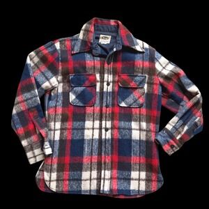 70's Mohawk CPO style Plaid Shirt Jacket Red Blue Wool Blend Flannel Medium